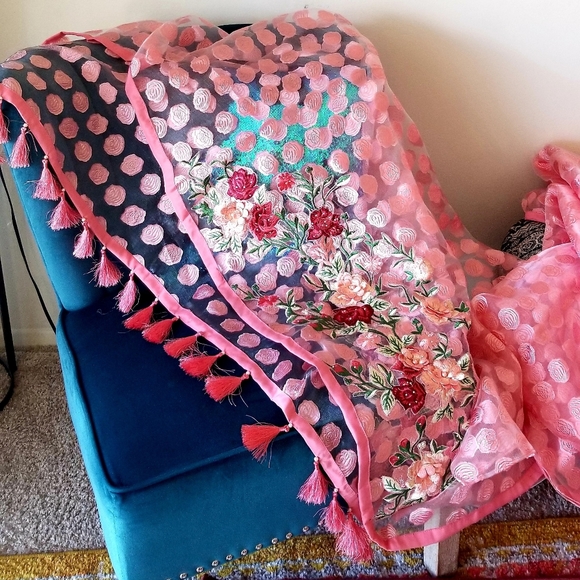 The Unbranded Brand Dresses & Skirts - Saree, net, fancy, pink,  unique, sheer with polka dots embroidered all over.